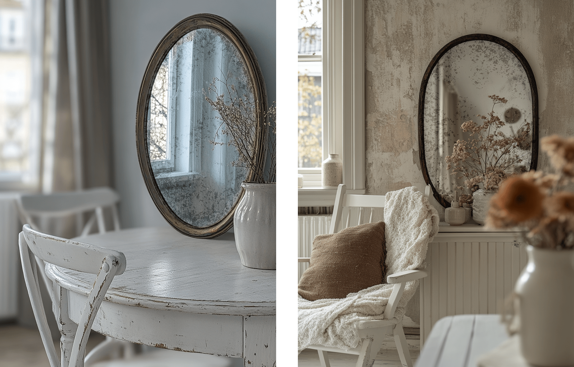 romantyczne wnętrze z lustrem postarzaną taflą sielski salon z dużym owalnym lustrem bez ramy shabby chic sypialnia z lustrem postarzanym wnętrze cottage z postarzanym lustrem